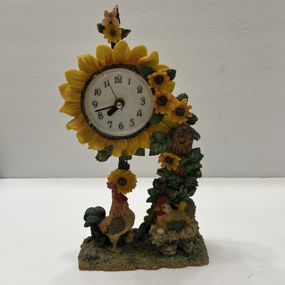 Vintage Tabletop Clock Rooster Hen Chicks Sunflower Composite Pendulum 12x6"